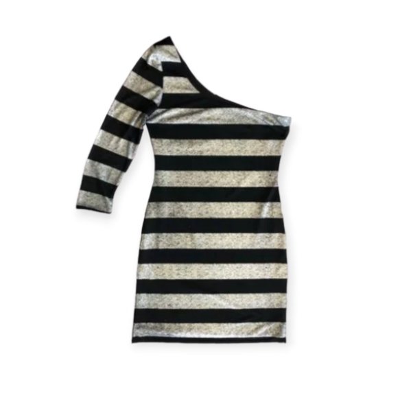 One shoulder Three Quarter Sleeve Black Silver Stripe Mini Dress Women's Small - Picture 1 of 7